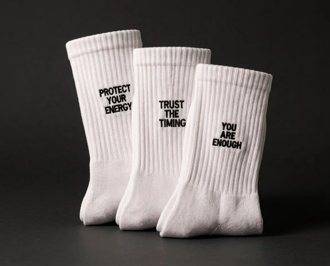 Three folded white affirmation socks standing in a staggered row on a charcoal background.